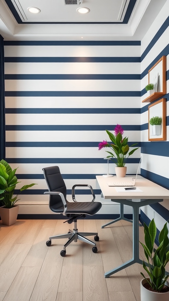 An office with nautical stripes in navy and white, featuring a desk, chair, and plants.