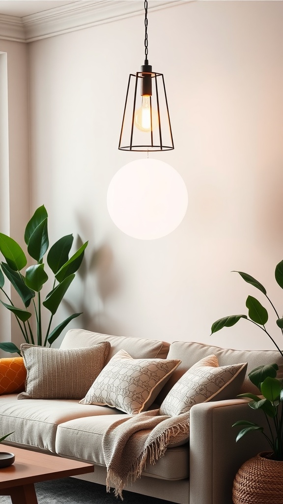 Cozy living room with a pendant light and a stylish couch