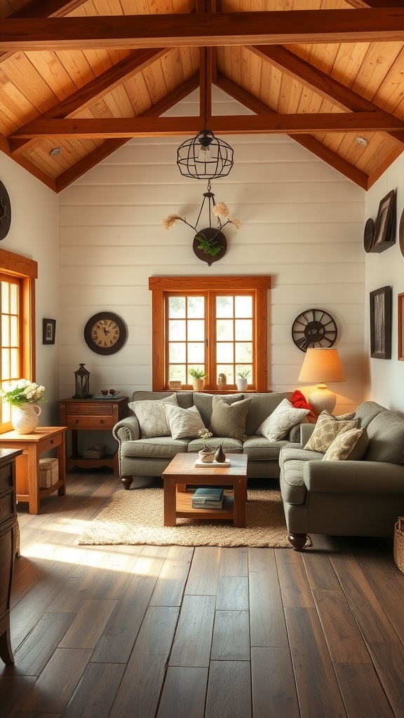 Cozy rustic farmhouse living room with wooden beams and warm decor