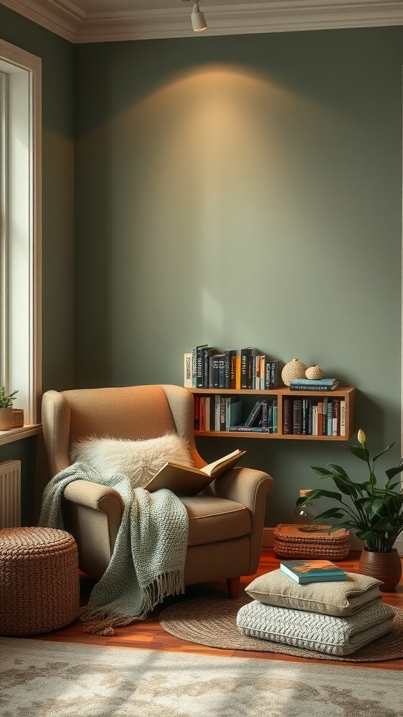 A cozy reading corner featuring sage green walls, a comfortable chair, and a small bookshelf