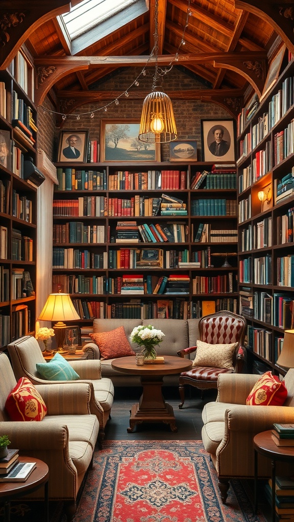 A cozy rustic library with bookshelves filled with various books, comfortable seating, and warm lighting.