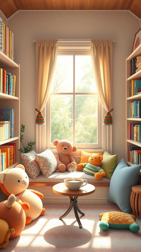 Cozy windowside reading nook with stuffed animals, cushions, and a cup of coffee.