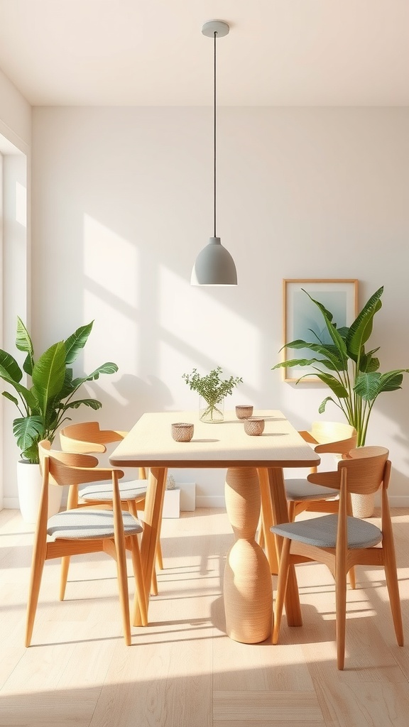 A serene and chic dining room with a wooden table, stylish chairs, and plants.