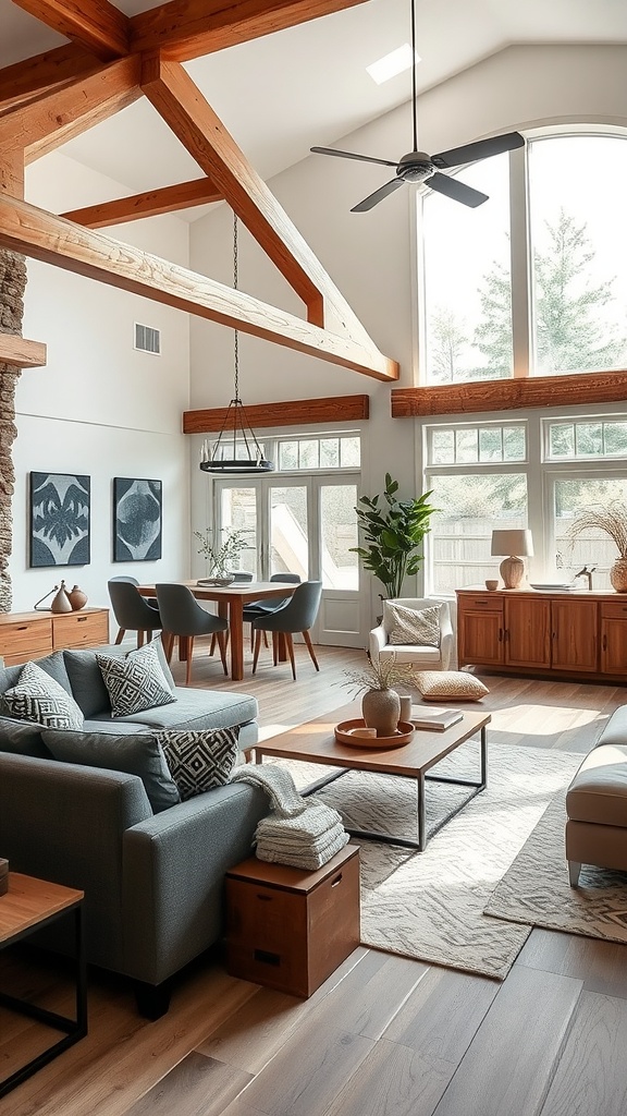 A combined living room and dining room featuring modern and rustic design elements, large windows, and natural light.