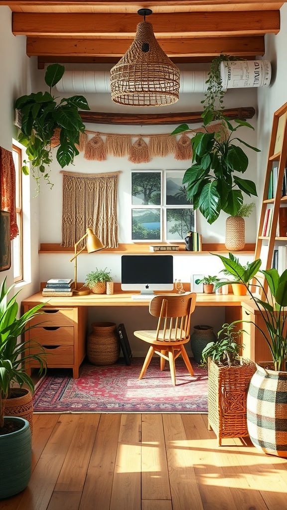 A cozy bohemian style home office with wooden furniture, plants, and artistic decor