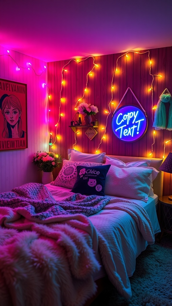 A cozy bedroom featuring colorful fairy lights and a neon sign against wooden walls, with a bed adorned with soft blankets and decorative pillows.