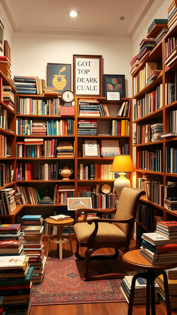 A cozy library room filled with bookshelves, a comfortable chair, and warm lighting, creating an inviting reading space.