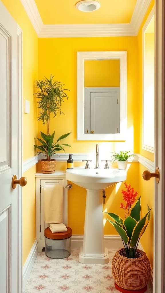 A small bathroom painted bright yellow with plants and white fixtures.