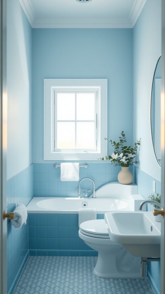 A bathroom painted in cornflower blue, featuring a tub, toilet, and natural elements.