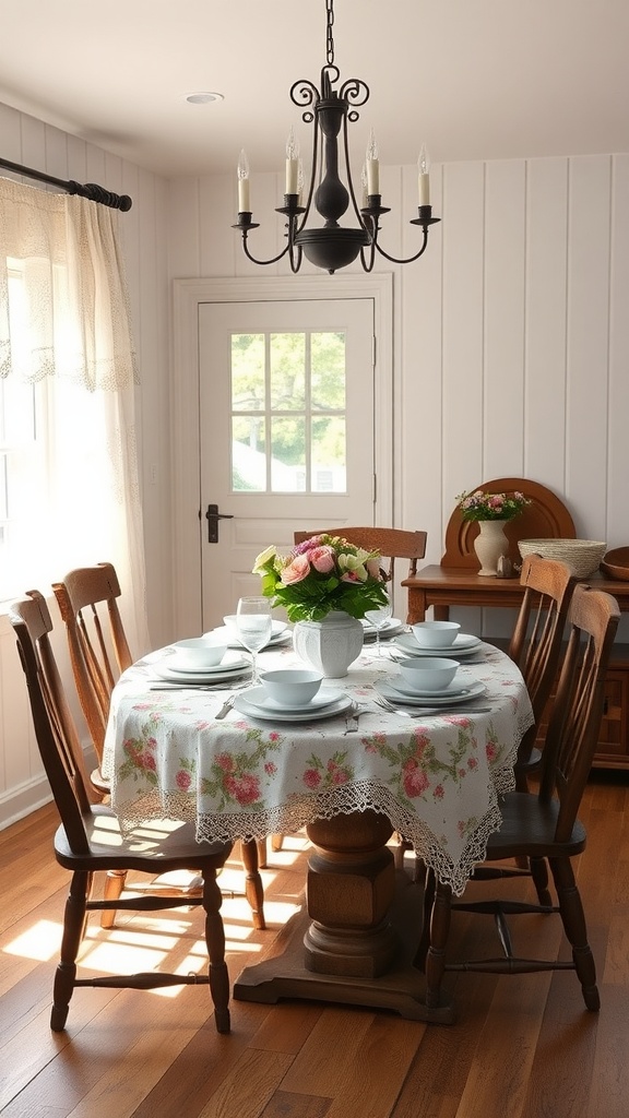 Cozy Cottage Core Dining Room with a round table, floral tablecloth, and a chandelier.