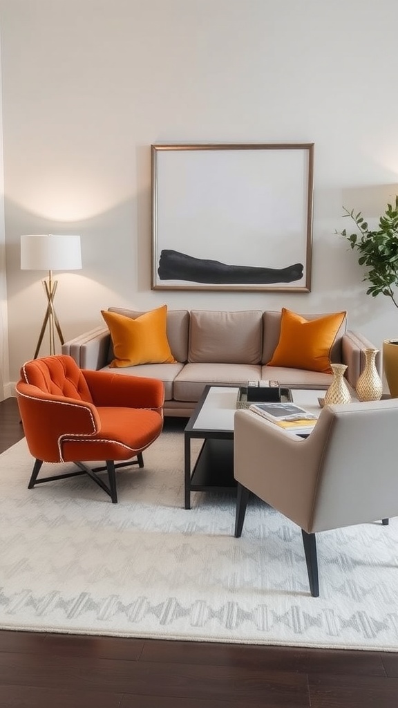 A cozy living room with a beige sectional sofa, orange accent chair, coffee table, and modern artwork.