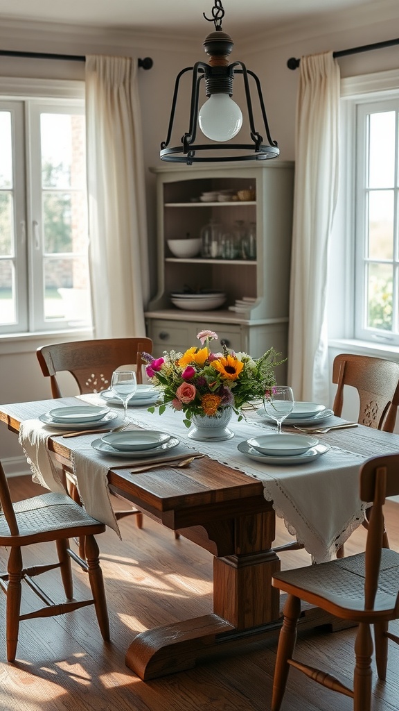 A rustic farmhouse table set in a cozy Cottagecore dining room with floral centerpiece and elegant chairs.