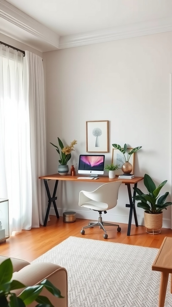 A stylish freestanding desk with plants in a bright living room setting.