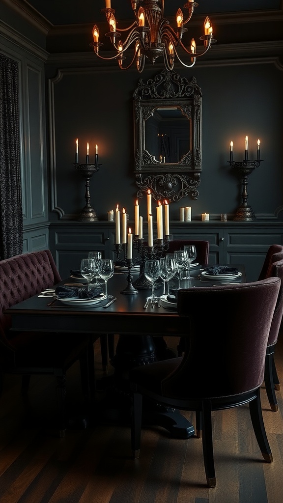 A chic gothic glam dining room featuring a dark table setting, velvet chairs, and elegant chandelier lighting.