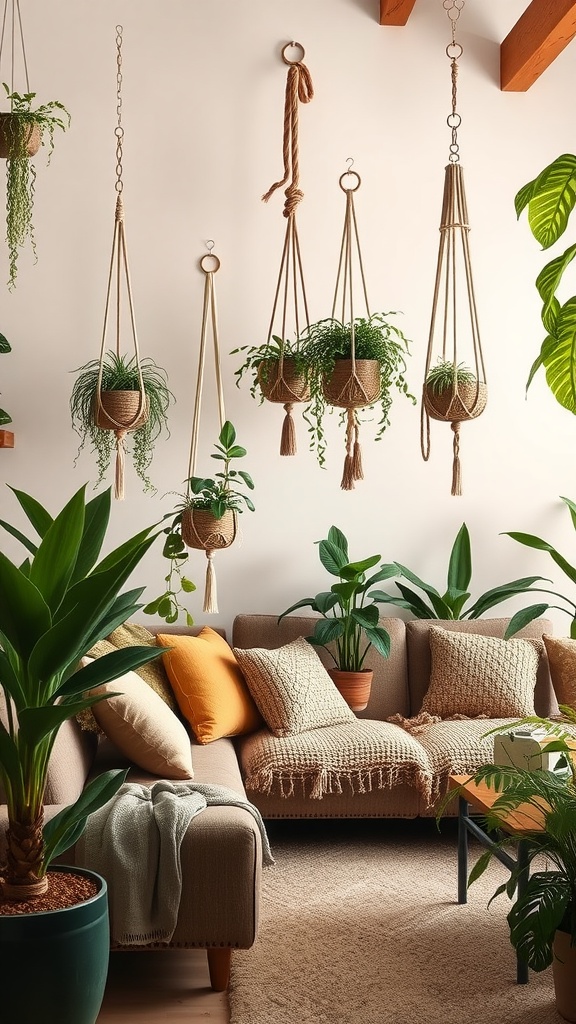 A cozy living room with hanging plants and a comfortable sofa, showcasing boho decor elements.