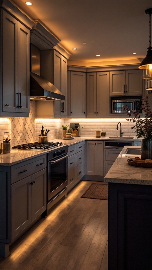 A kitchen featuring hidden cove lighting with warm tones illuminating the countertops and cabinetry.