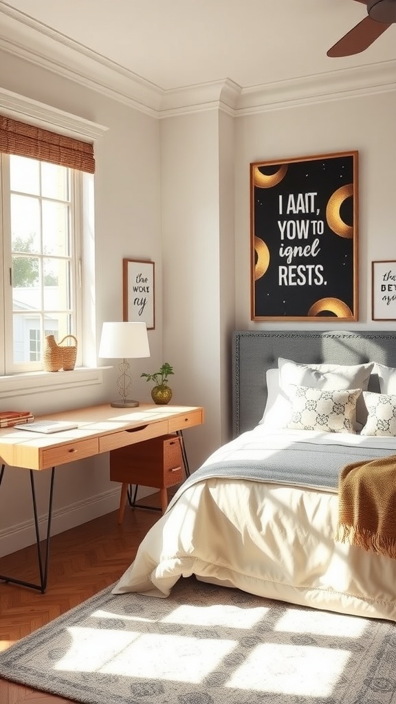 A well-designed guest bedroom and home office combo featuring a cozy bed, a small desk, and inspirational wall art.