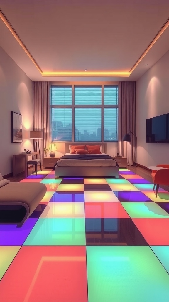 Bedroom featuring colorful interactive LED floor tiles.