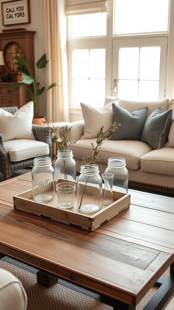 A coffee table with mason jars and dried flowers, in a modern farmhouse living room.