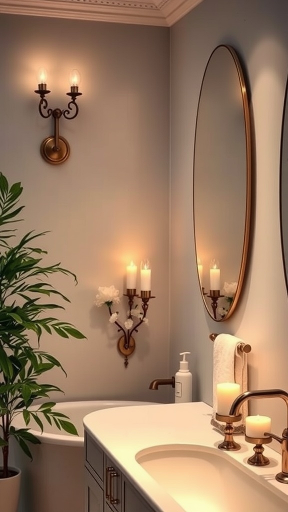 A cozy bathroom featuring warm lighting from sconces and candles, complemented by a plant and elegant mirrors.