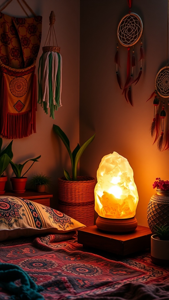 A cozy boho bedroom featuring a glowing Himalayan salt lamp on a wooden base, surrounded by decorative pillows, plants, and dreamcatchers.