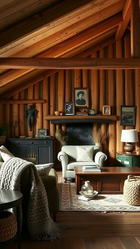 Cozy rustic farmhouse living room with wooden beams, vintage photos, and comfortable furnishings.