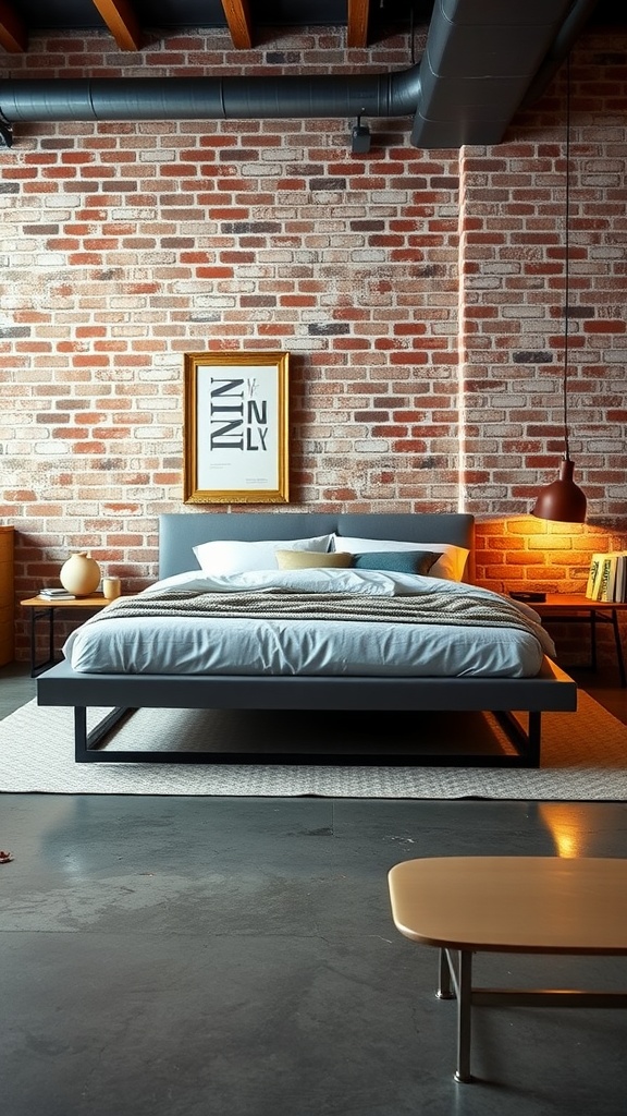 Modern industrial bedroom featuring a platform bed against a brick wall