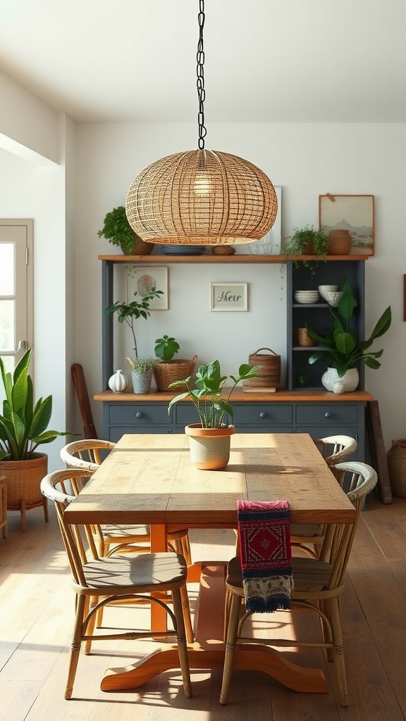 A cozy farmhouse dining room featuring a rattan pendant light, wooden table, and plants.