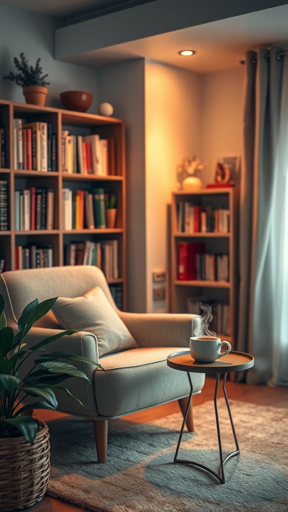 Cozy reading nook with an armchair, bookshelf, coffee cup, and warm lighting.