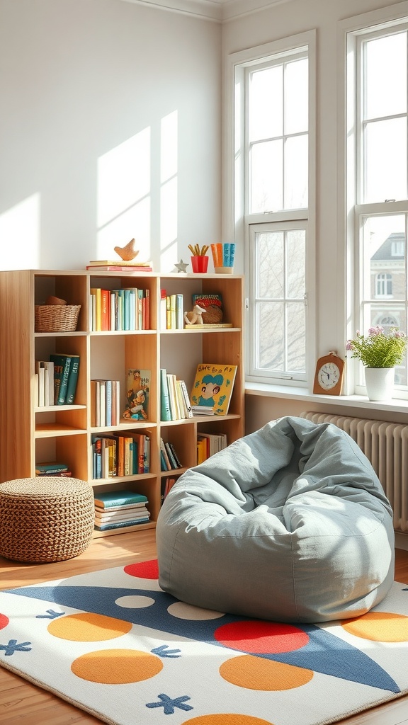 A cozy reading nook with a bean bag chair, colorful rug, and a bookshelf filled with children's books.