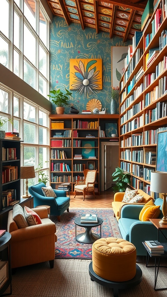 A colorful and cozy home library with rich bookshelves, seating areas, and artistic decorations.