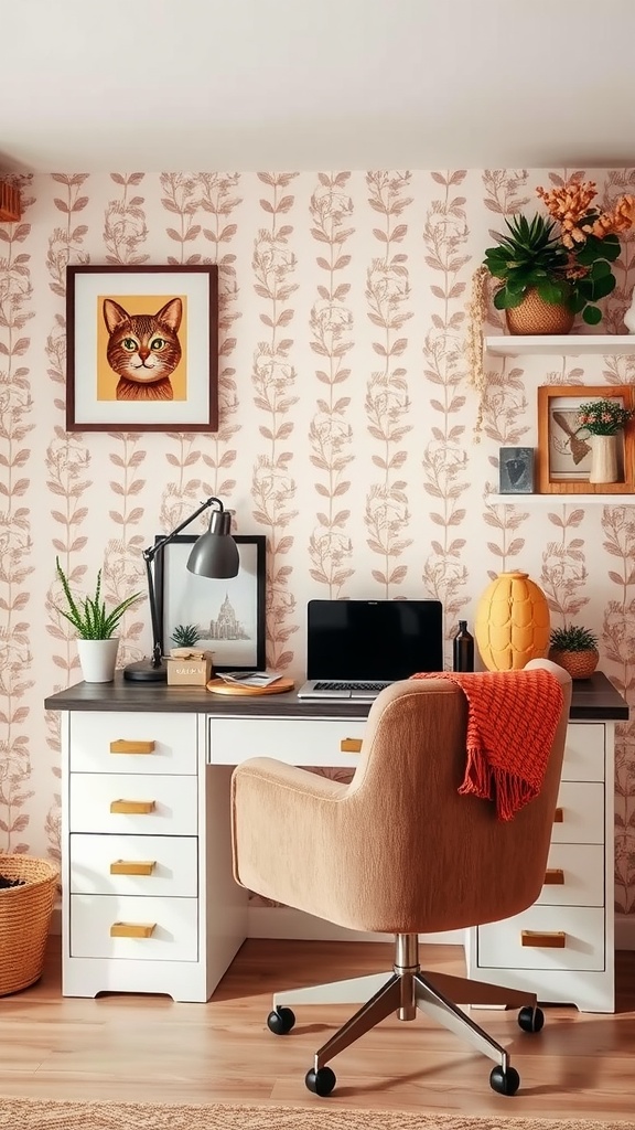 A cozy desk setup featuring floral wallpaper, a stylish desk, and decorative elements.