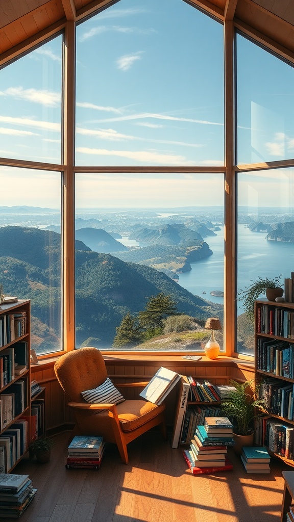 Cozy reading nook with large windows overlooking a scenic landscape.