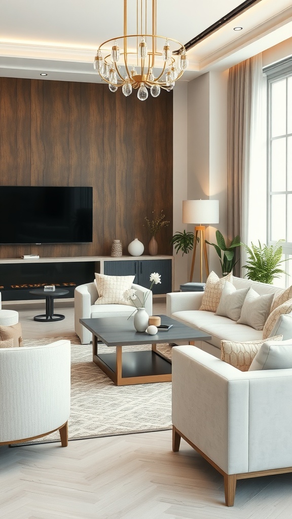 A stylish living space featuring light-colored furniture, a wooden accent wall, and a chandelier.