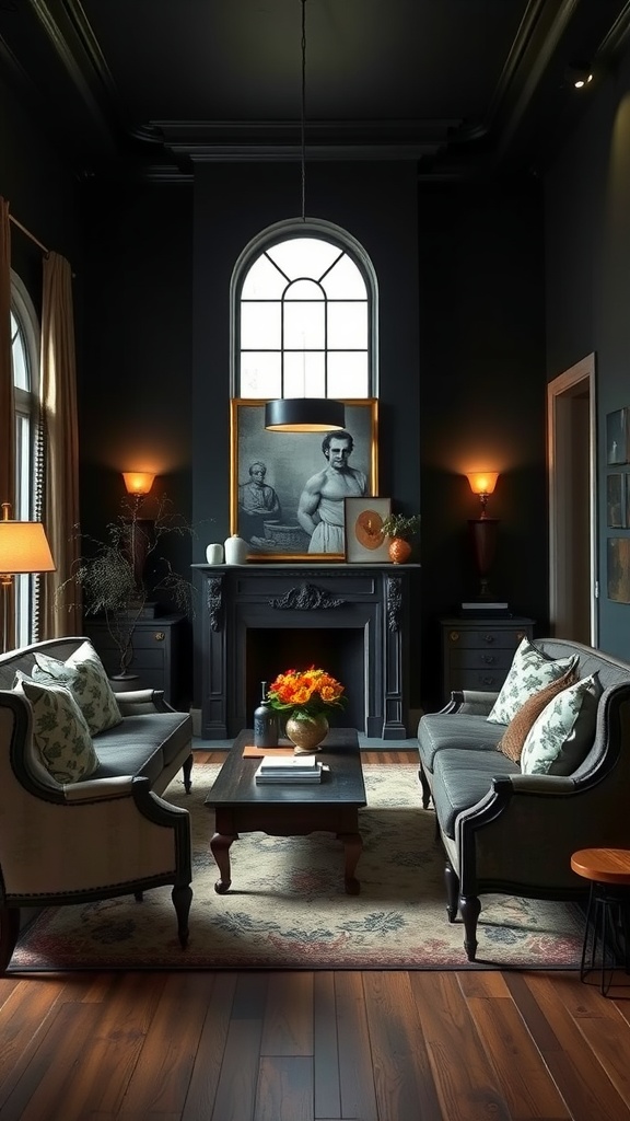 Living room painted in Benjamin Moore Kendall Charcoal with light furniture