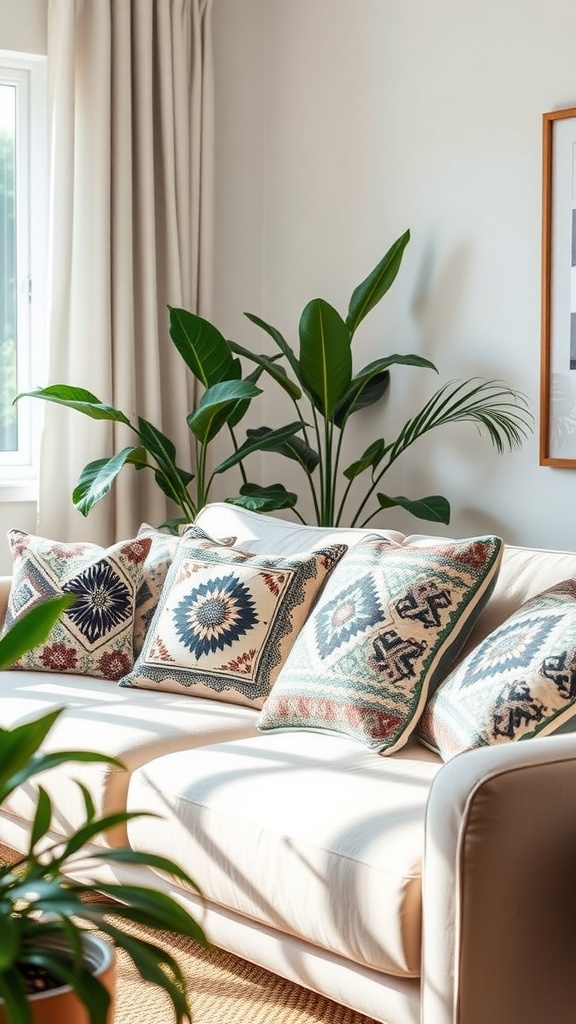 Cozy sofa with Boho patterned throw pillows and green plants