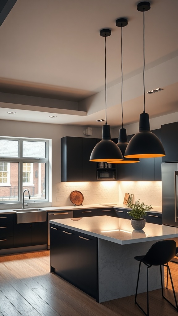 A modern kitchen featuring bold black pendant lighting above a white countertop and black cabinetry.