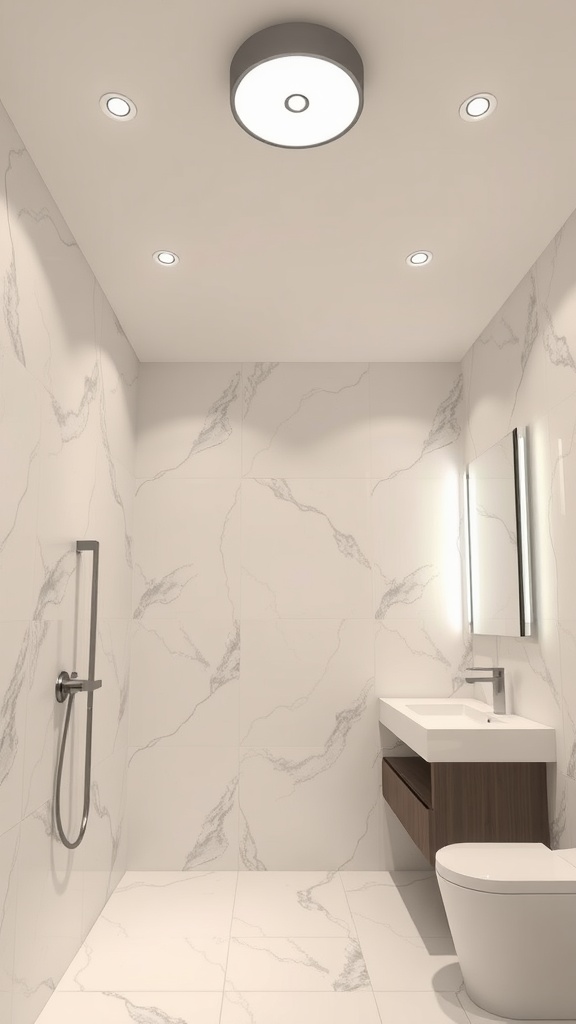 A modern bathroom with a round ceiling light and recessed lighting