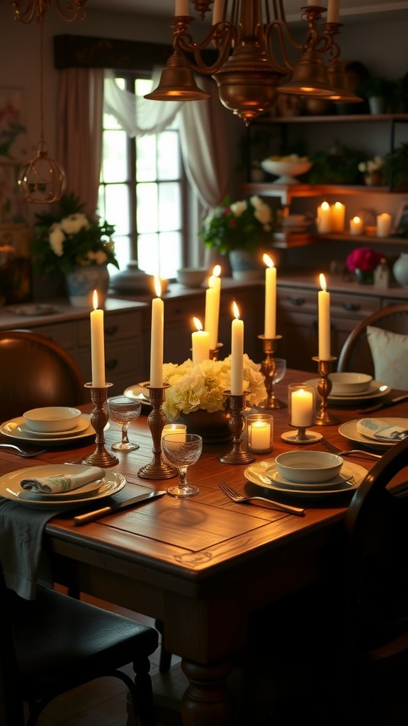 A cozy dining room with a wooden table set for dinner, featuring tapered candles in brass holders, fresh flowers, and elegant tableware.