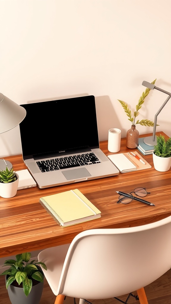 A cozy desk setup featuring a laptop, stationery, and plants on a wooden desk.