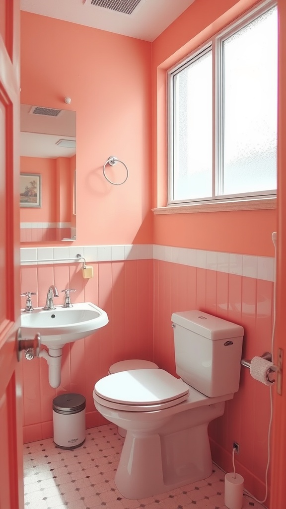 A small bathroom painted in coral color featuring a white sink and toilet.