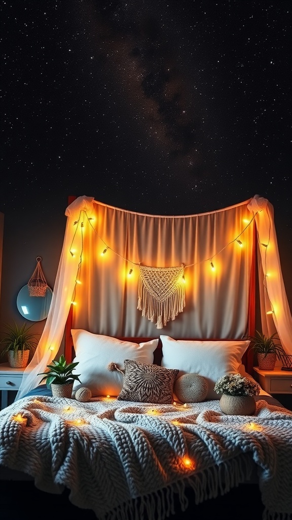 Cozy bedroom with fairy lights, macrame wall hanging, and plants, set against a starry background