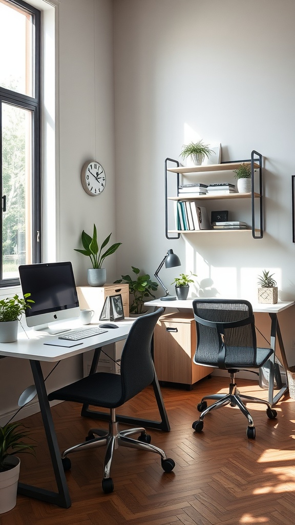 A small home office featuring two desks with divider shelves, plants, and ample natural light.