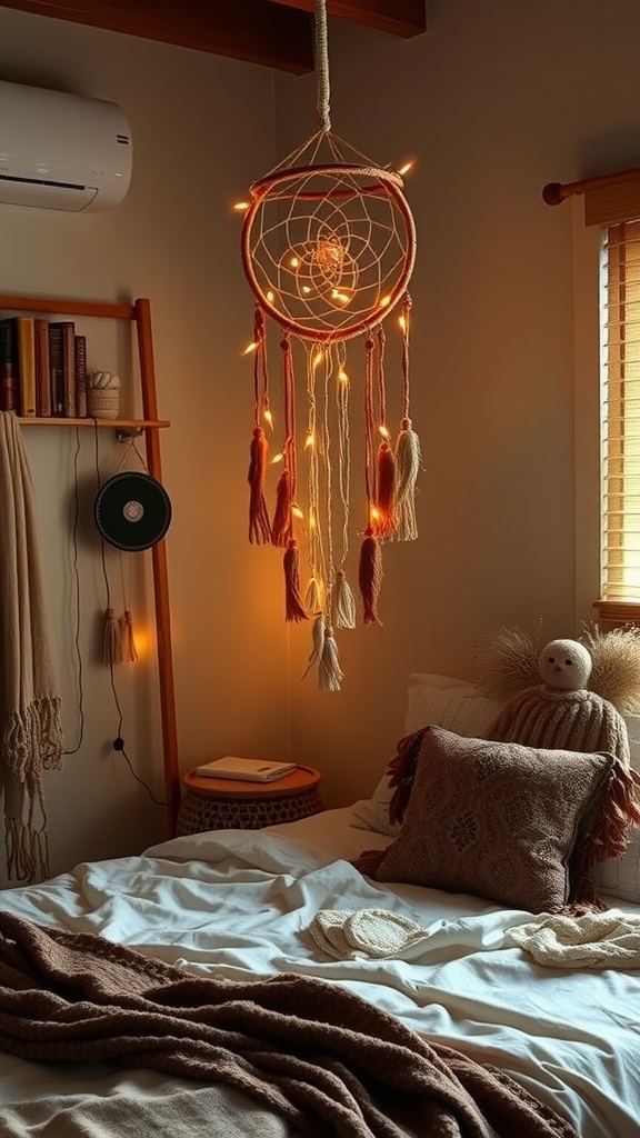 Dreamcatcher with twinkling lights hanging in a cozy boho bedroom.