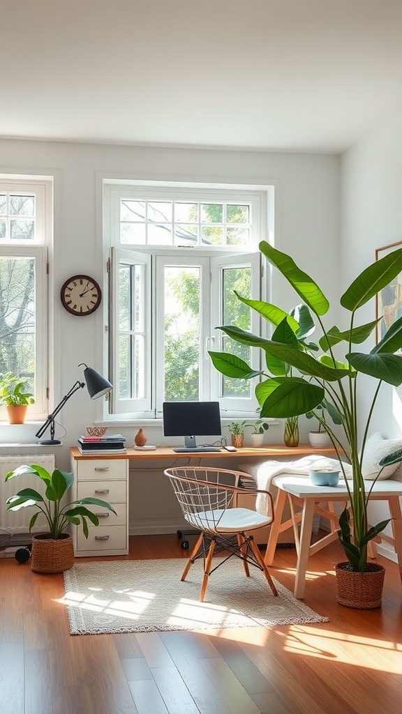 Bright, airy guest bedroom and home office combo with plants and large windows