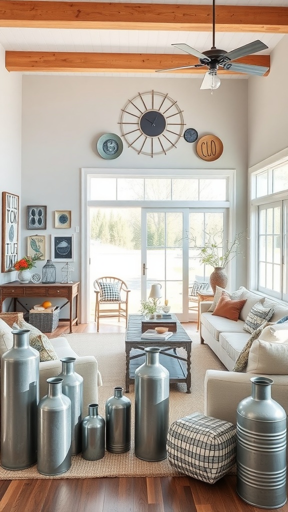 A modern farmhouse living room featuring galvanized metal decor items, including various sized metal bottles, a rustic coffee table, and cozy seating.