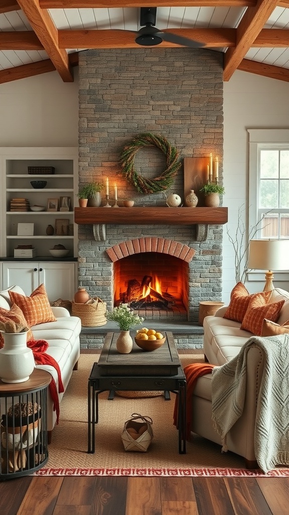 Rustic farmhouse living room with stone fireplace, cozy sofas, and wooden accents