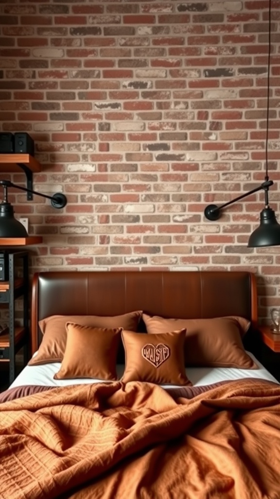 Modern industrial bedroom with leather accents, featuring a brown leather headboard and warm bedding against a brick wall.