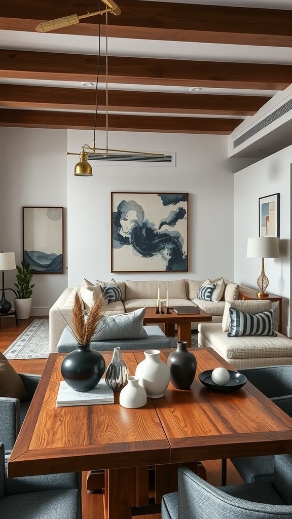 Living room-dining room combo featuring stylish art and decor elements.