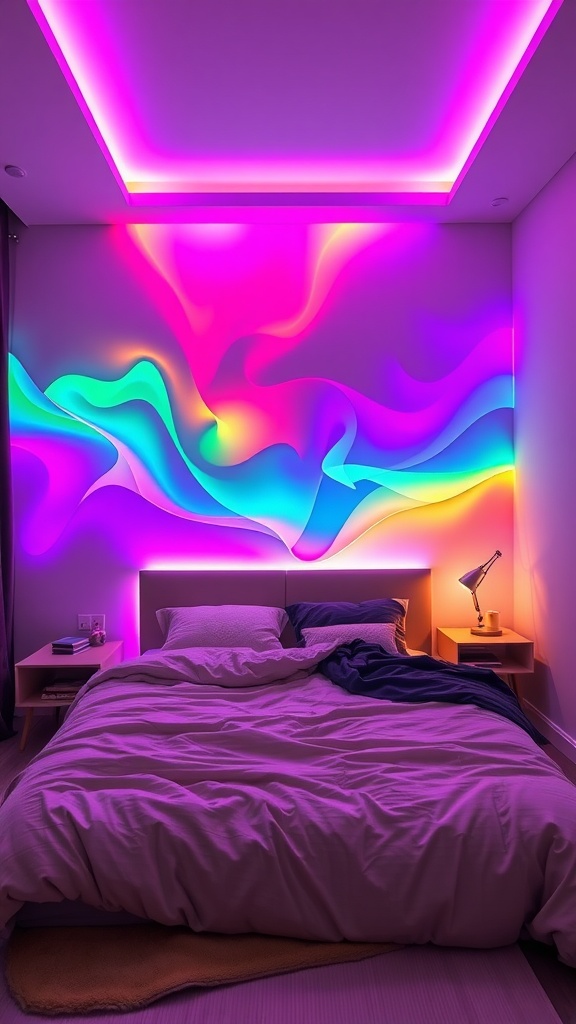 Colorful LED wall art in a bedroom with a modern bed and decor